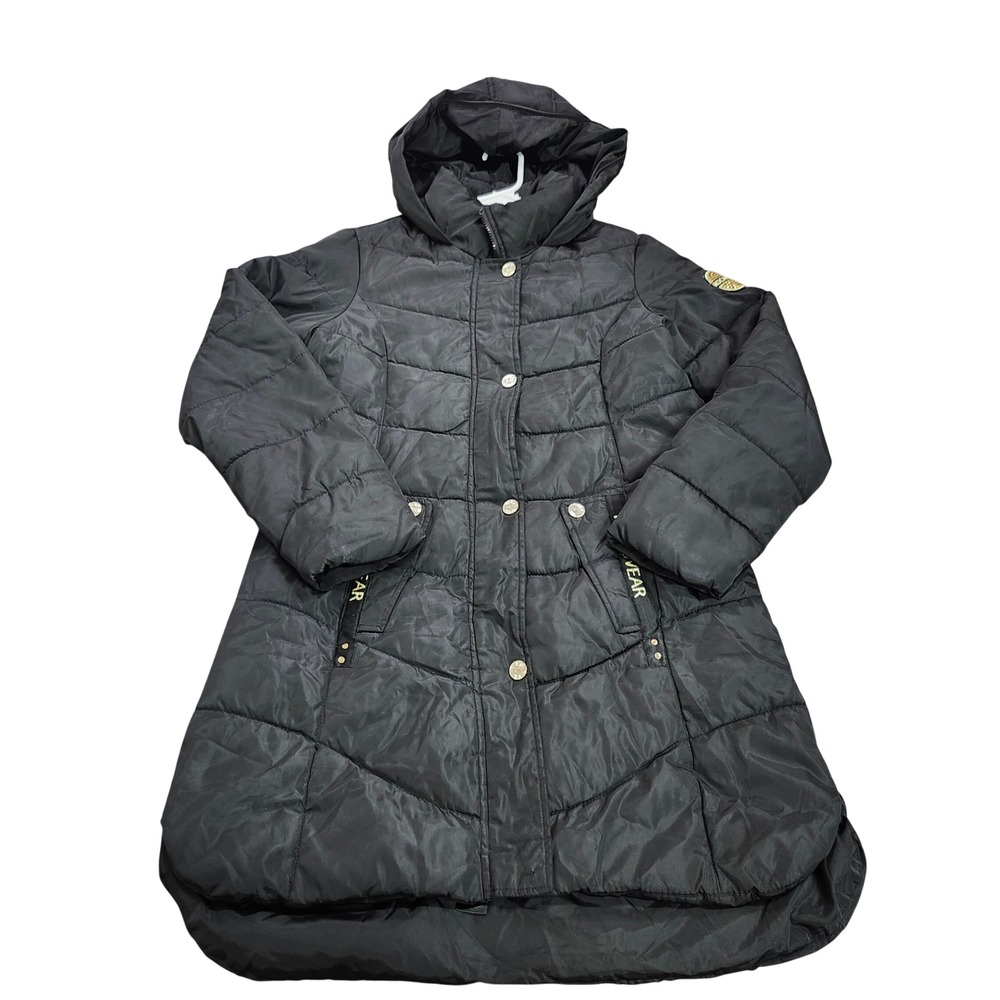 Rocawear Puffer Jacket Womens S Longline Hooded Black Quilted EUC